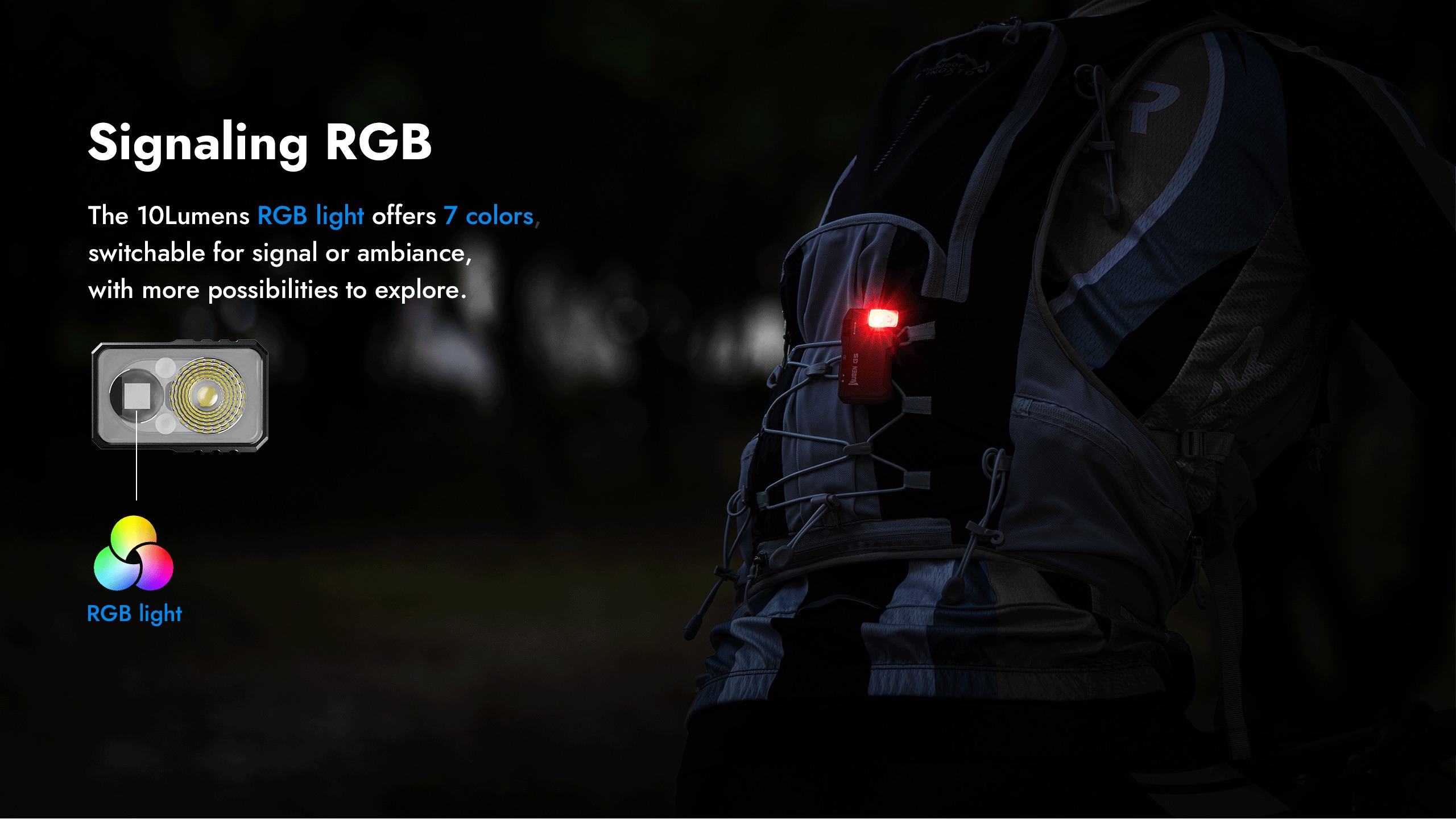 Wuben G5 Army green – signalizačné RGB svetlo 10 lm v 7 farbách na batohu v teréne