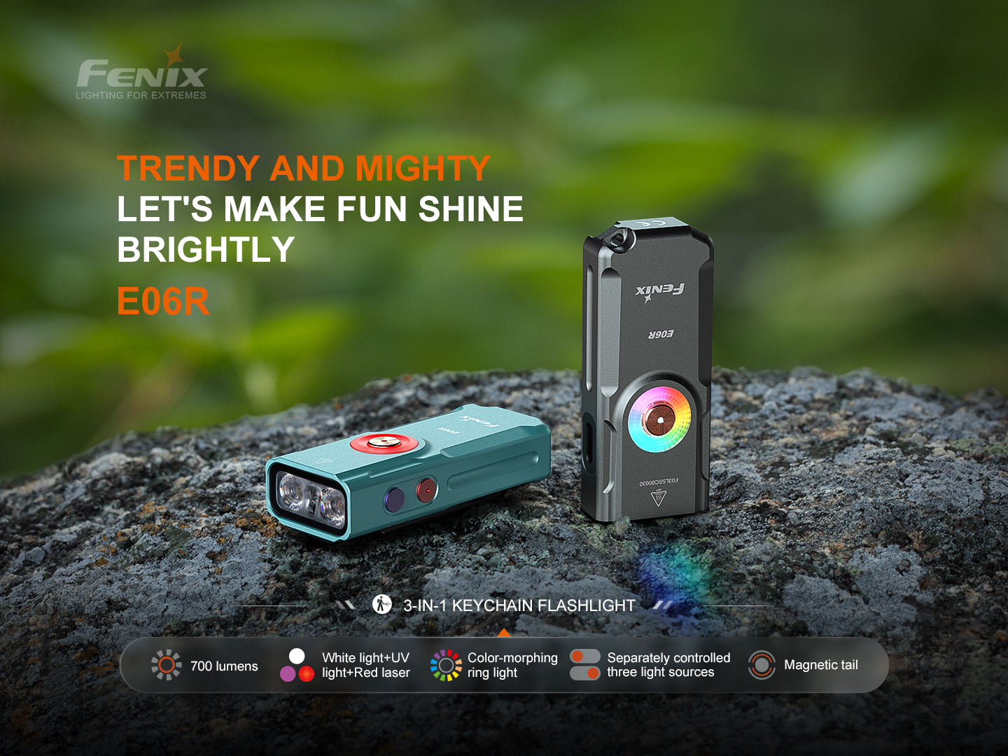 Fenix E06R — kľúčenkové svietidlo s tromi svetelnými zdrojmi a farebným prstencom