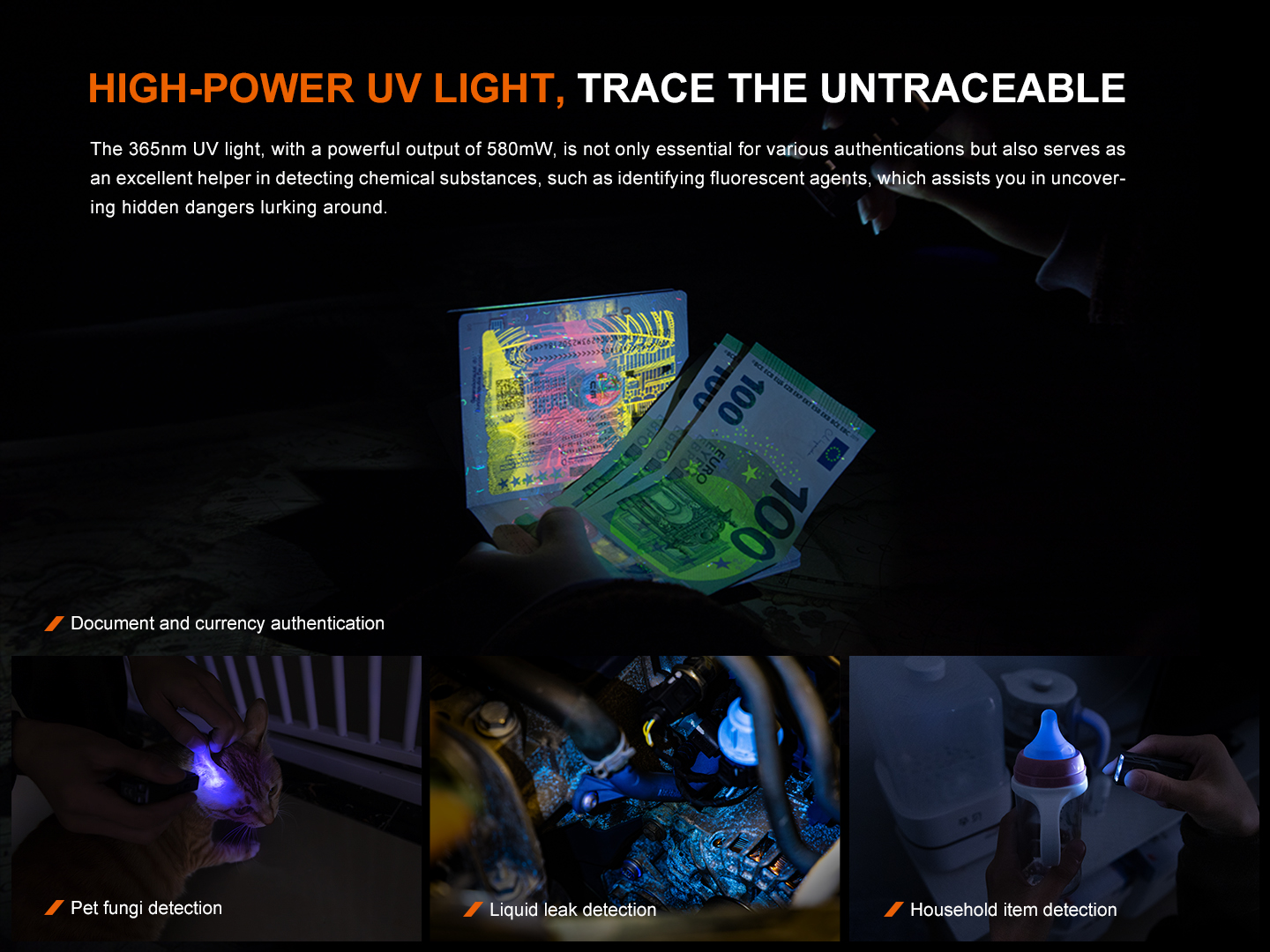 Fenix E06R — UV svetlo 365 nm overuje pravosť bankoviek a odhaľuje fluorescenčné stopy
