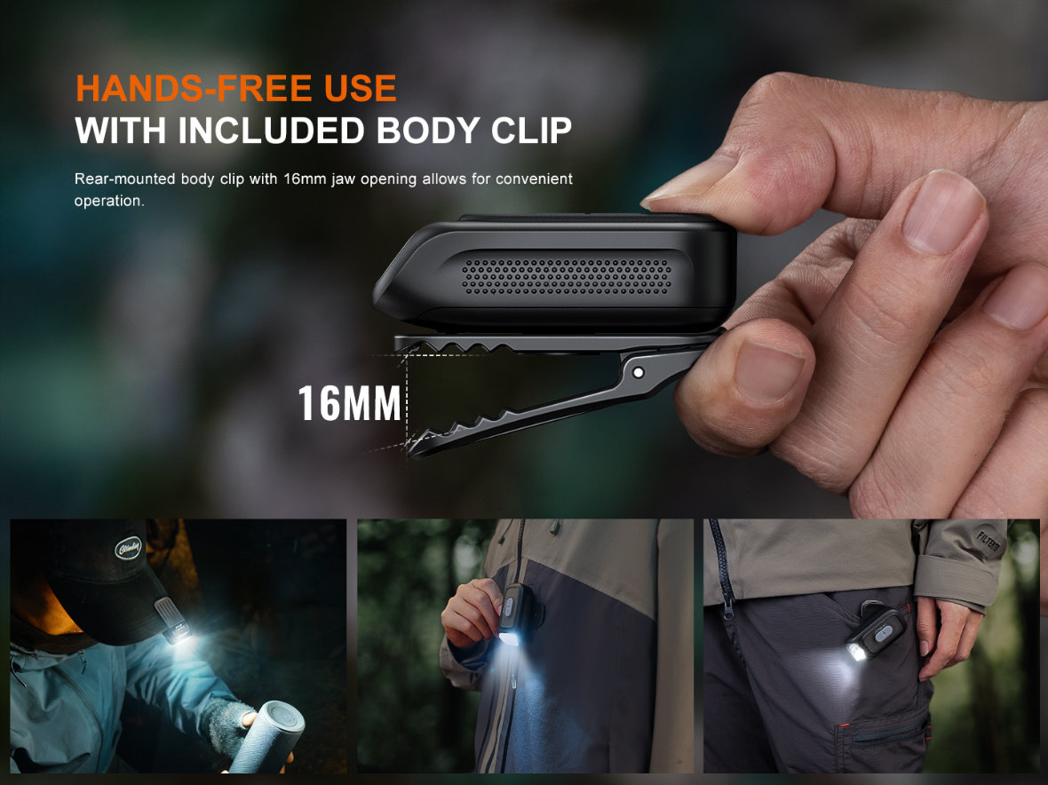 Fenix E04R — hands-free použitie s klipom 16 mm na šilte a odeve