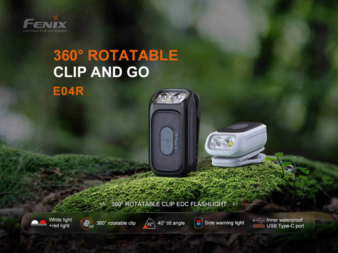 Fenix E04R — biele, červené a bočné výstražné RGB svetlo na otočnom klipe 360°