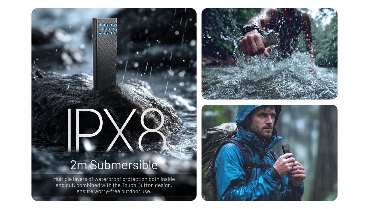 Nitecore CARBO 10000 Gen2 v daždi na skale — vodotesnosť IPX8 s ponorom do 2 metrov pre outdoor použitie