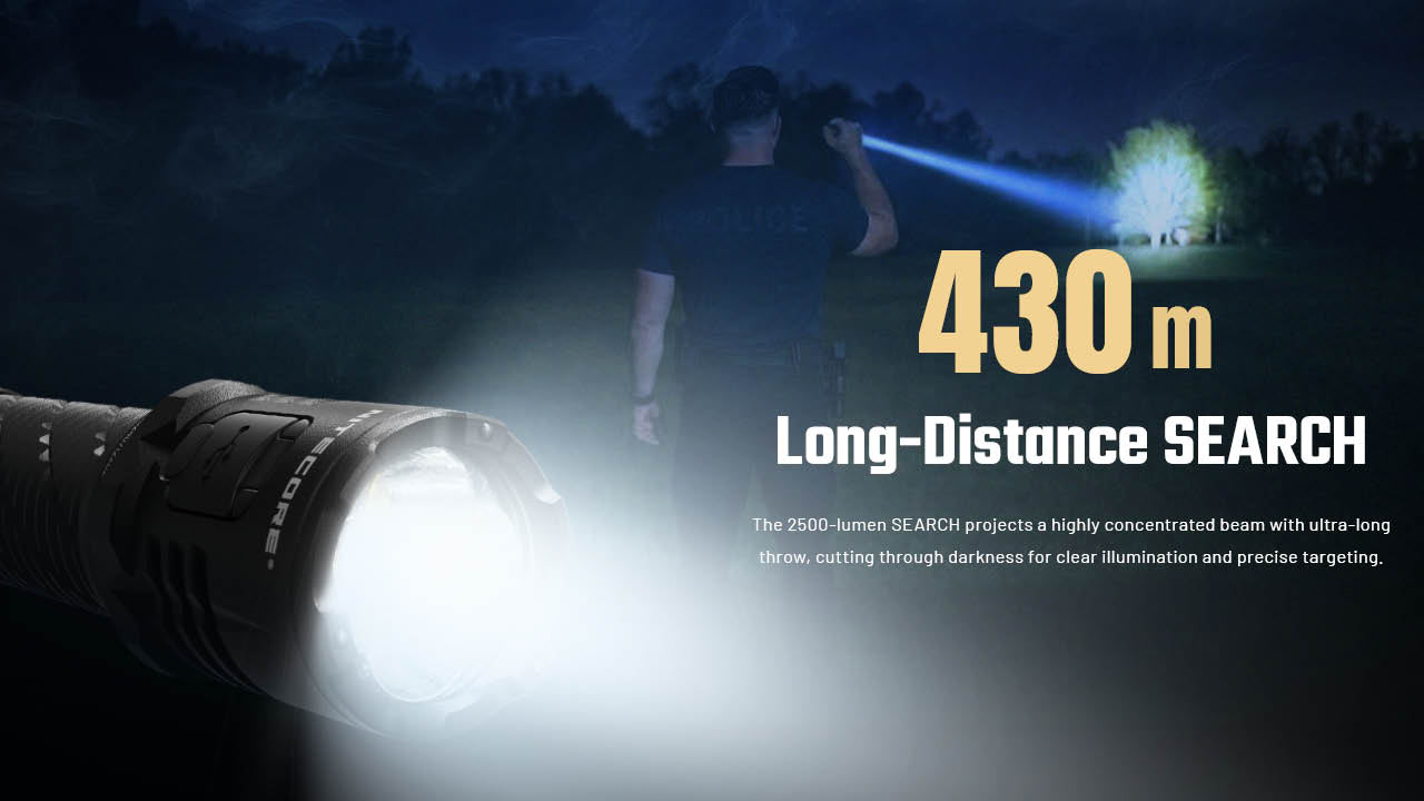 Nitecore P27iX — režim SEARCH s koncentrovaným lúčom a dosvitom až 430 metrov na vyhľadávanie v teréne