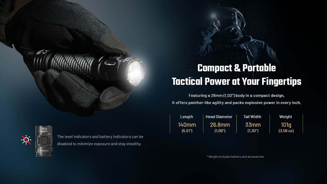 Nitecore P17iX — kompaktné rozmery: dĺžka 140 mm, hlava 26,8 mm, telo 26 mm a hmotnosť len 101 gramov