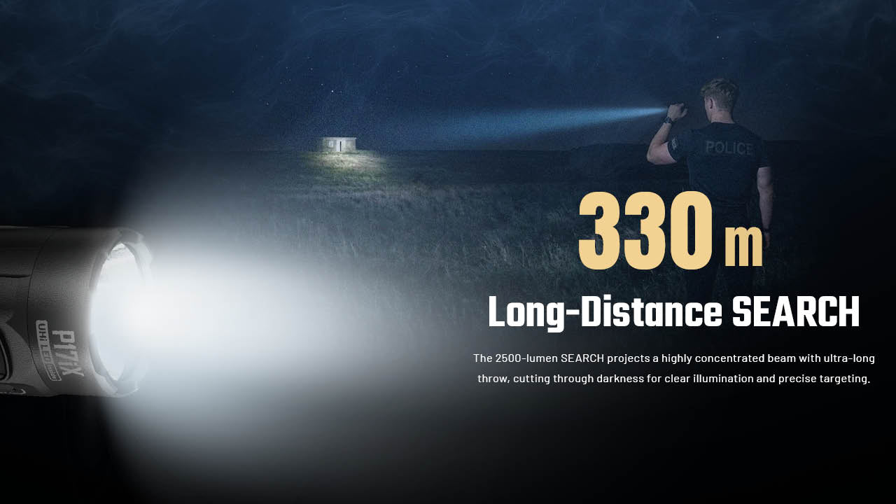 Nitecore P17iX — režim SEARCH s koncentrovaným lúčom 2500 lúmenov a dosvitom až 330 metrov