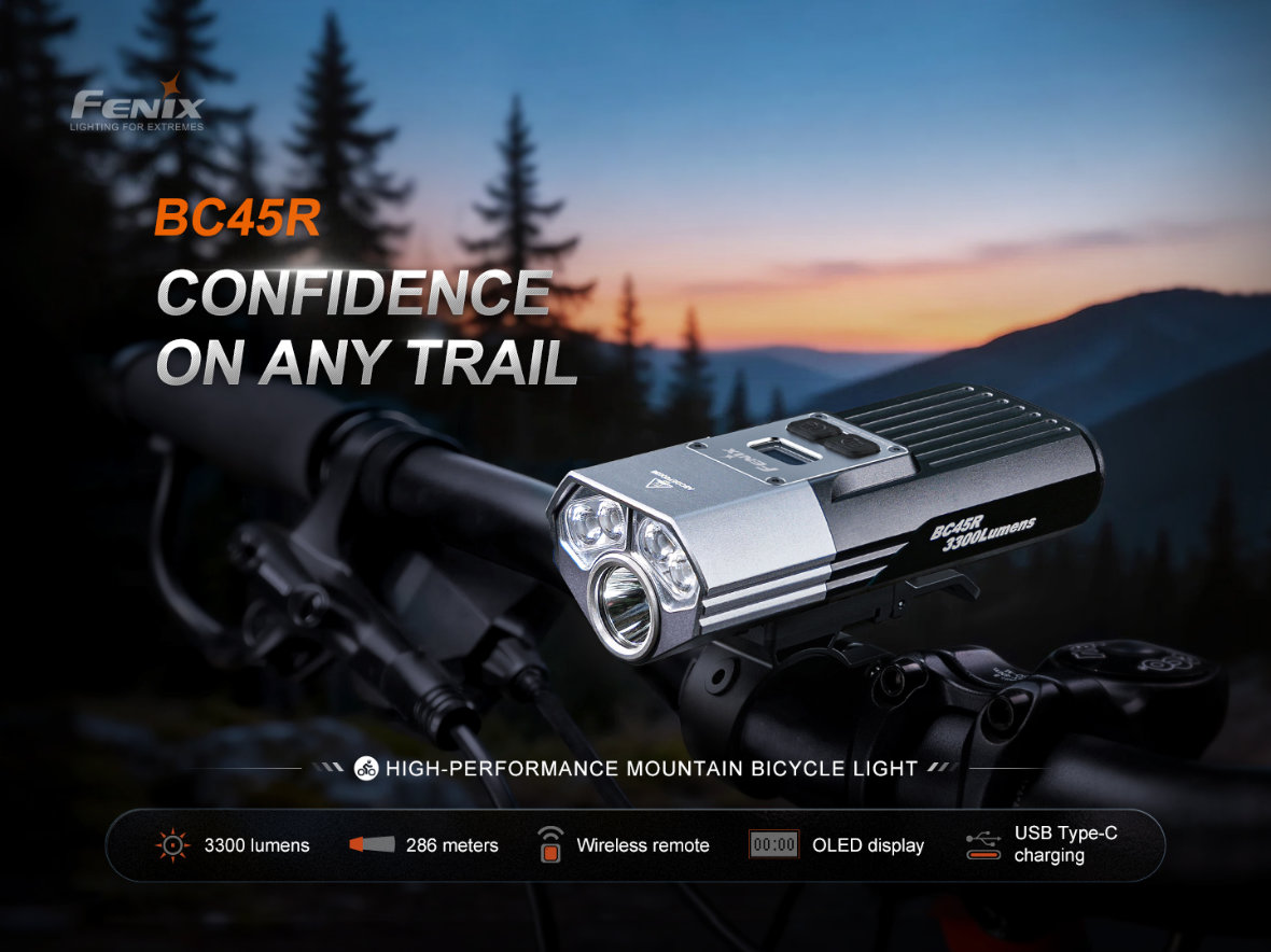 Fenix BC45R na riadidlách horského bicykla — 3300 lúmenov, dosvit 286 m, bezdrôtový ovládač, OLED displej a nabíjanie USB-C
